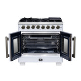 Forno Capriasca 36 Inch Freestanding French Door Dual Fuel Range in White with Antique Brass Accessories, 6 Burners, True Convection Oven
