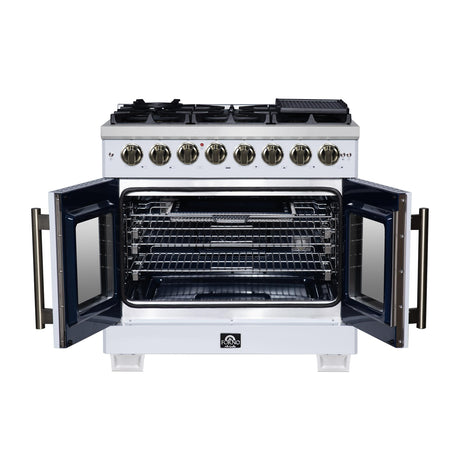 Forno Capriasca 36 Inch Freestanding French Door Dual Fuel Range in White with Antique Brass Accessories, 6 Burners, True Convection Oven
