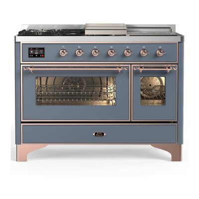 ILVE UM48FSNR3BGPLP Majestic III 48 inch Dual Fuel Range with 5 Black Brass Burners, Griddle and French Top, Dual Function Burner up to 25,000 BTU (Liquid Propane, Triple Glass Door, Blue Grey, Copper)