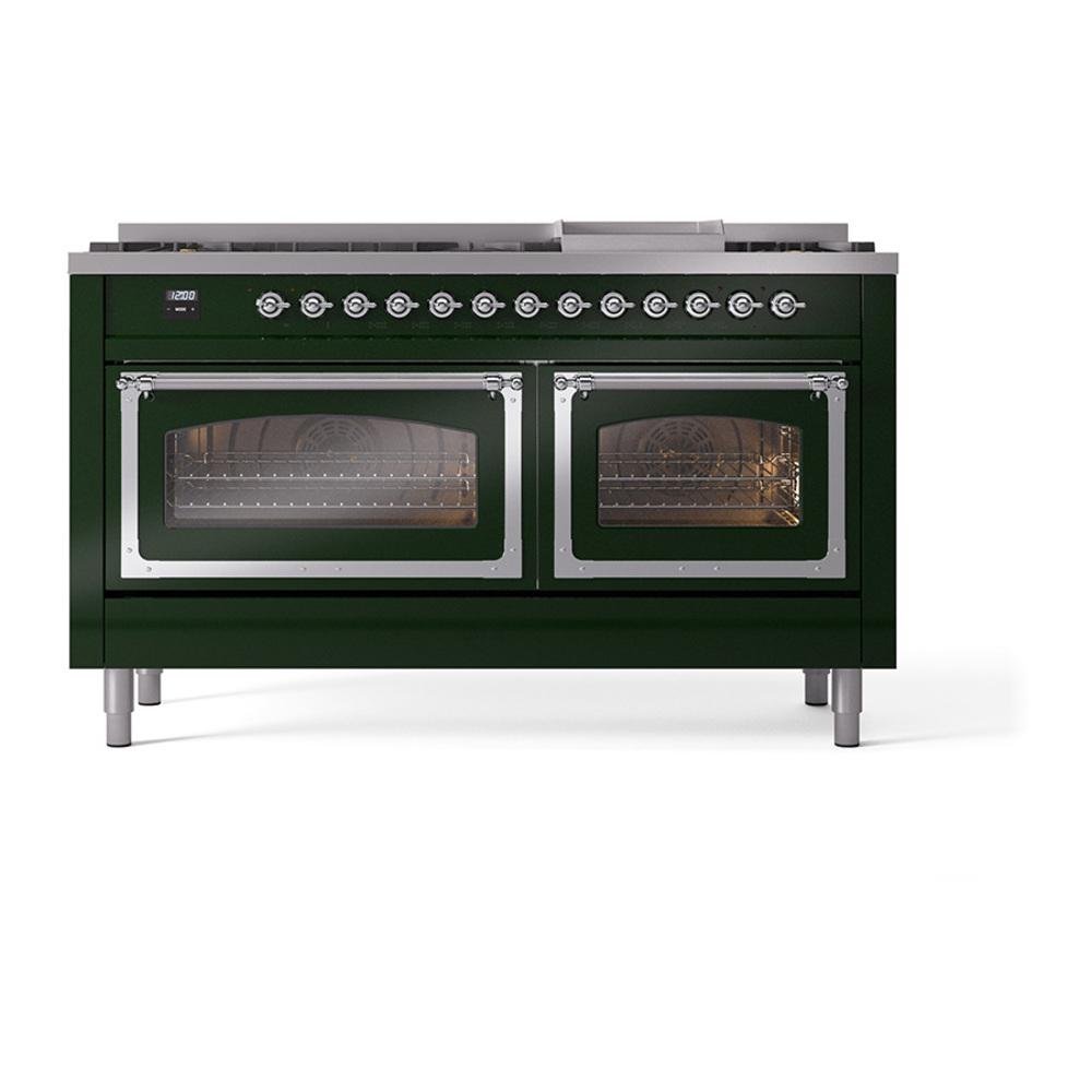 ILVE UN60FNMPEGCLP Nostalgie II Noblesse 60 inch Dual Fuel Range (9 Sealed Burners + Griddle, Liquid Propane, Triple Glass Door, Emerald Green, Chrome)
