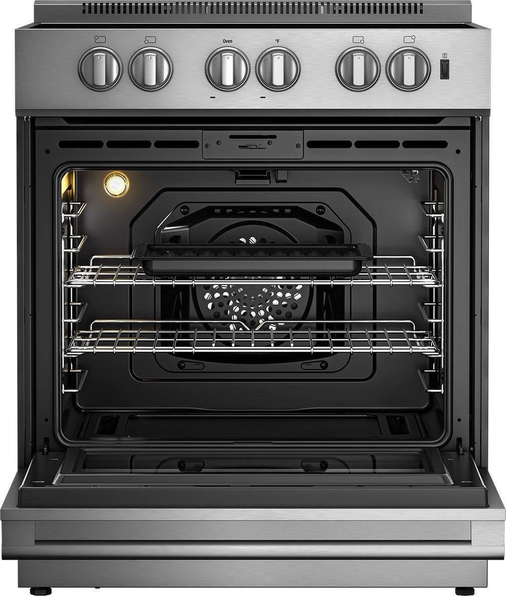 30in electric stainless range with 5.7 cu ft self clean oven, 4 burner