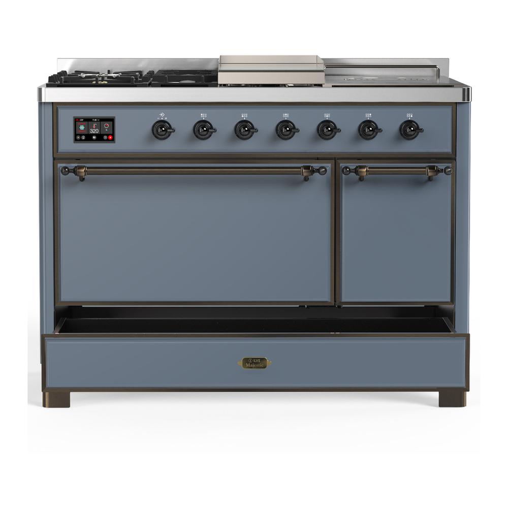 ILVE UM48FSQNR3BGB Majestic III 48 inch Dual Fuel Range with 5 Black Brass Burners, Griddle and French Top, Dual Function Burner up to 25,000 BTU (Natural Gas, Solid Door, Blue Grey, Burnished)