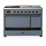 ILVE UM48FSQNR3BGB Majestic III 48 inch Dual Fuel Range with 5 Black Brass Burners, Griddle and French Top, Dual Function Burner up to 25,000 BTU (Natural Gas, Solid Door, Blue Grey, Burnished)