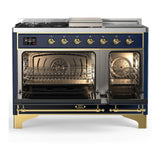 ILVE UM48FSQNR3MBGLP Majestic III 48 inch Dual Fuel Range with 5 Black Brass Burners, Griddle and French Top, Dual Function Burner up to 25,000 BTU (Liquid Propane, Solid Door, Midnight Blue, Brass)
