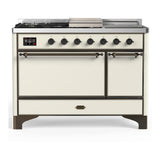 ILVE UM48FSQNR3AWB Majestic III 48 inch Dual Fuel Range with 5 Black Brass Burners, Griddle and French Top, Dual Function Burner up to 25,000 BTU (Natural Gas, Solid Door, Antique White, Burnished)