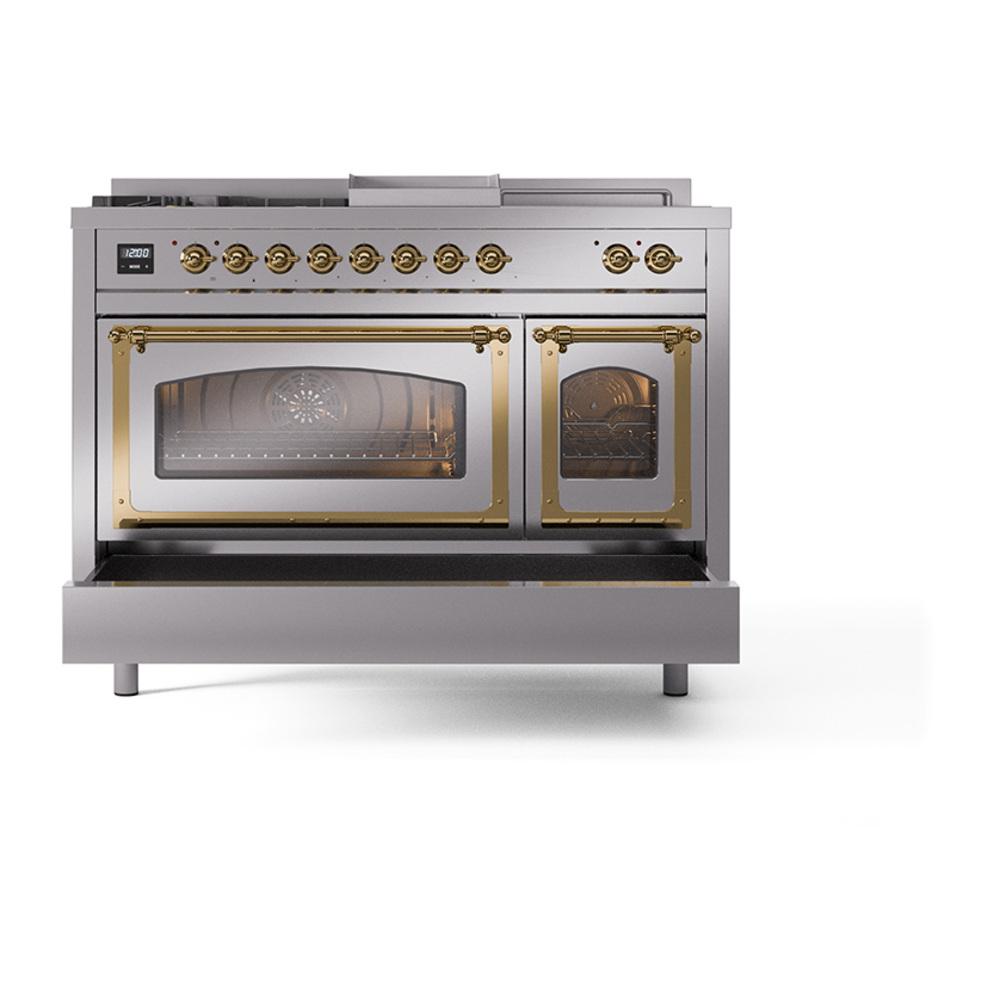 ILVE UN48FSNMPSSG Nostalgie II Noblesse 48 inch Dual Fuel Range (5 Sealed Burners + Griddle + French Top, Natural Gas, Triple Glass Door, Stainless Steel, Brass)