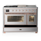 ILVE UM48FSNR3SSPLP Majestic III 48 inch Dual Fuel Range with 5 Black Brass Burners, Griddle and French Top, Dual Function Burner up to 25,000 BTU (Liquid Propane, Triple Glass Door, Stainless Steel, Copper)