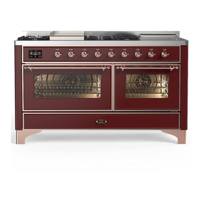 ILVE UM60FSNR3BUPLP Majestic III 60 inch Dual Fuel Range with 7 Burners, Griddle and French Top, Dual Function Burner with up to 25,000 BTU (Liquid Propane, Triple Glass Door, Burgundy, Copper)