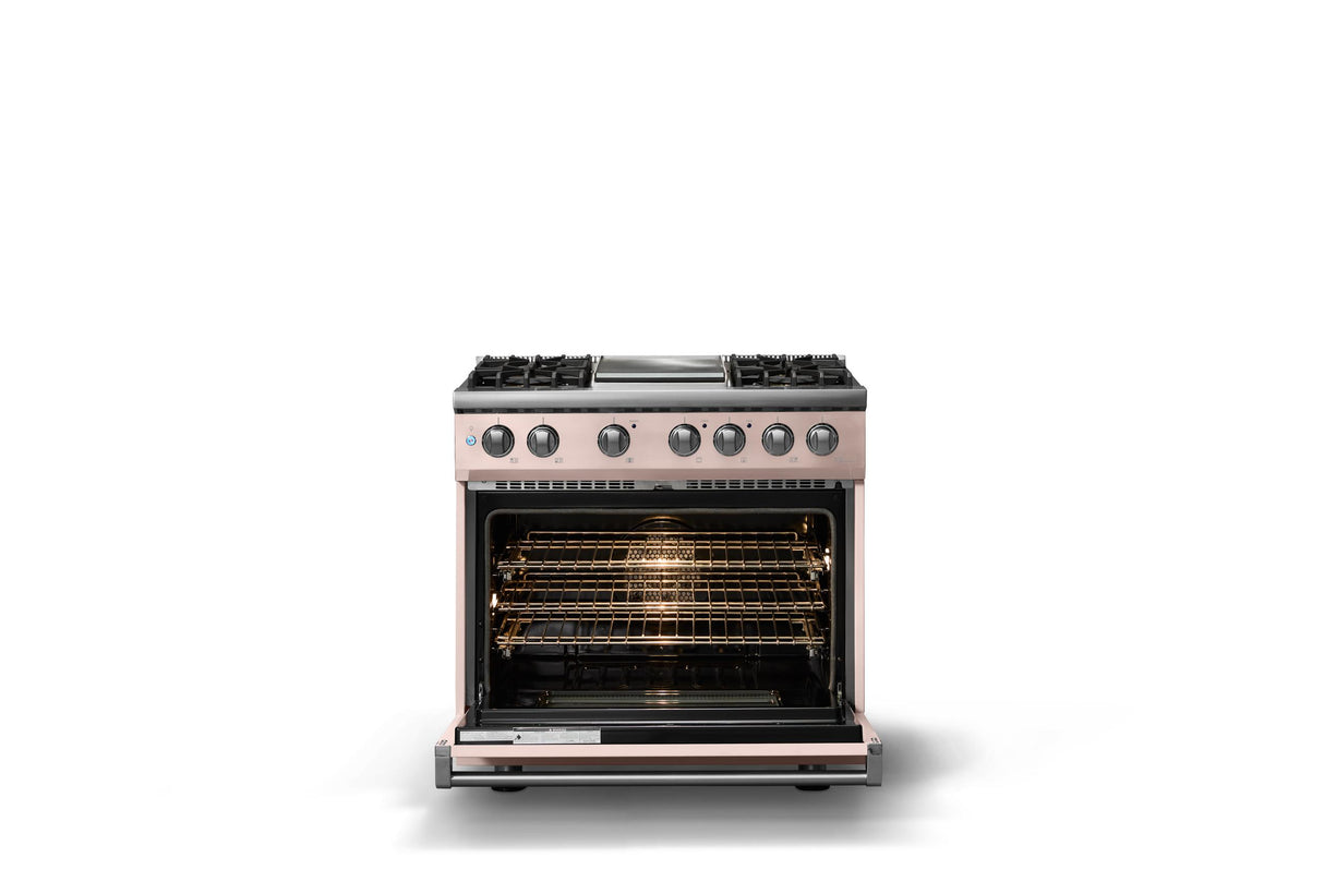 36"W. Dual Fuel Range (Burner: 4g, Finish: Blush, Trim: Polished Chrome, Fuel: Natural Gas)
