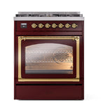 ILVE UN30NMPBUGLP Nostalgie II Noblesse 30 inch Dual Fuel Range (Liquid Propane, Triple Glass Door, Burgundy, Brass)