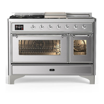 ILVE UM48FSNR3SSC Majestic III 48 inch Dual Fuel Range with 5 Black Brass Burners, Griddle and French Top, Dual Function Burner up to 25,000 BTU (Natural Gas, Triple Glass Door, Stainless Steel, Chrome)