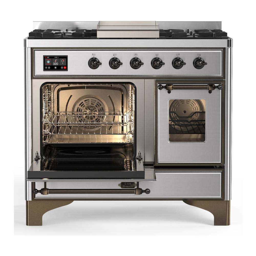 ILVE UMD40FNR3SSB Majestic III 40 inch Dual Fuel Range with 6 Burners and Griddle, Dual Function Burner up to 25,000 BTU (Natural Gas, Triple Glass Door, Stainless Steel, Burnished)