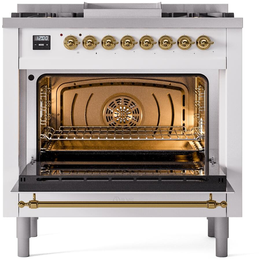 Nostalgie II 36 Inch Dual Fuel Liquid Propane Freestanding Range in White with Brass Trim