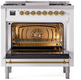 Nostalgie II 36 Inch Dual Fuel Liquid Propane Freestanding Range in White with Brass Trim