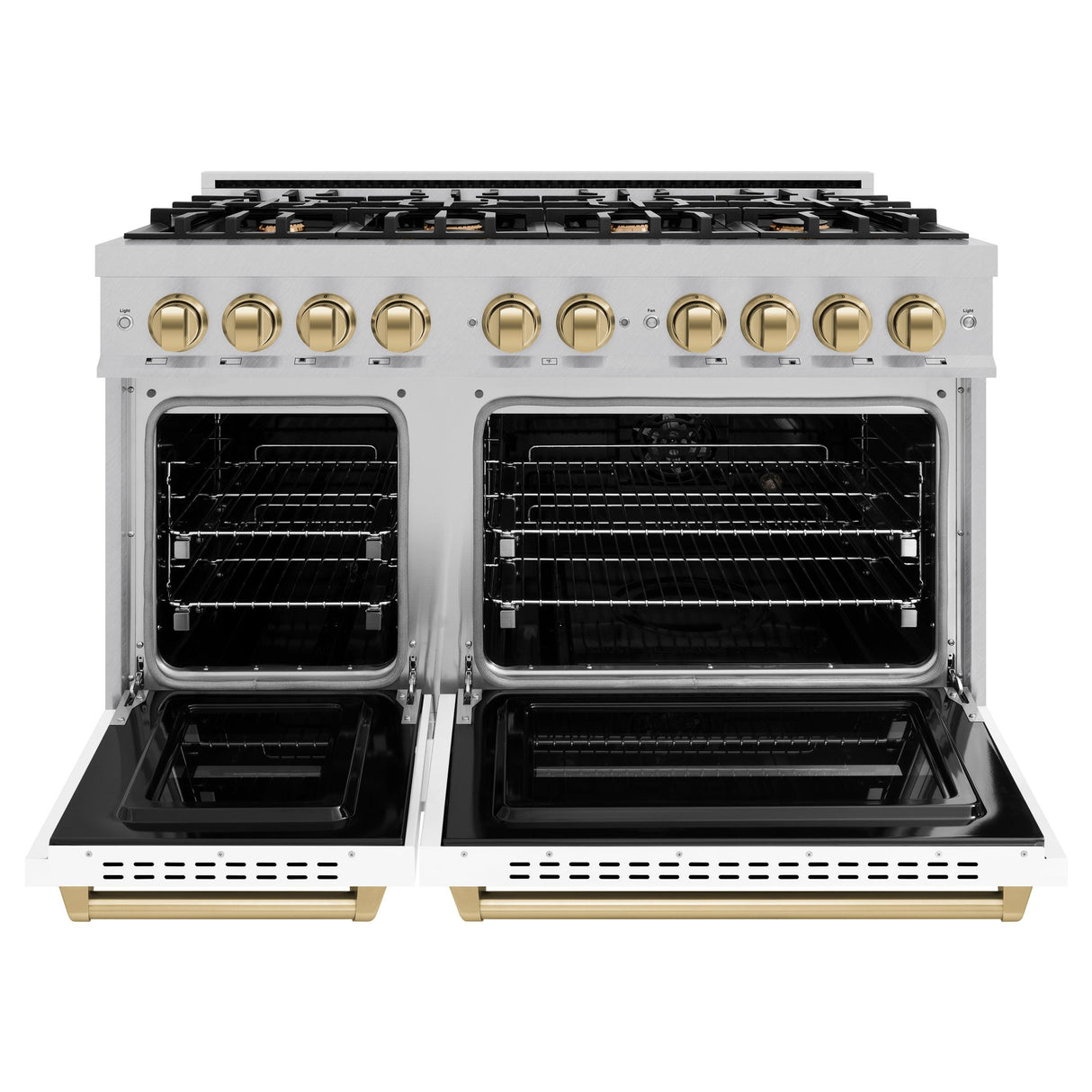 ZLINE Autograph Edition 48 in. 6.7 cu. ft. Classic Double Oven Dual Fuel Range with 8 Burner Gas Cooktop in DuraSnow' Stainless Steel with Black Matte Doors and Champagne Bronze Accents (CDRSZ-BLM-48-CB)