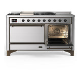 ILVE UM60FSQNR3SSBLP Majestic III 60 inch Dual Fuel Range with 7 Burners, Griddle and French Top, Dual Function Burner with up to 25,000 BTU (Liquid Propane, Solid Door, Stainless Steel, Burnished)