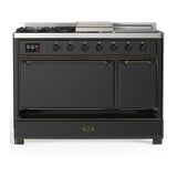 ILVE UM48FSQNR3MGBLP Majestic III 48 inch Dual Fuel Range with 5 Black Brass Burners, Griddle and French Top, Dual Function Burner up to 25,000 BTU (Liquid Propane, Solid Door, Graphite Matte, Burnished)