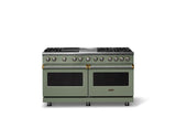 60"W.Dual Fuel Range (Finish: Eucalyptus, Trim: Brushed Brass, Fuel: Natural Gas)