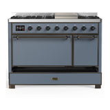 ILVE UM48FQNR3BGBLP Majestic III 48 inch Dual Fuel Range with 8 Burners and Griddle, Dual Function Burner up to 25,000 BTU (Liquid Propane, Solid Door, Blue Grey, Burnished)
