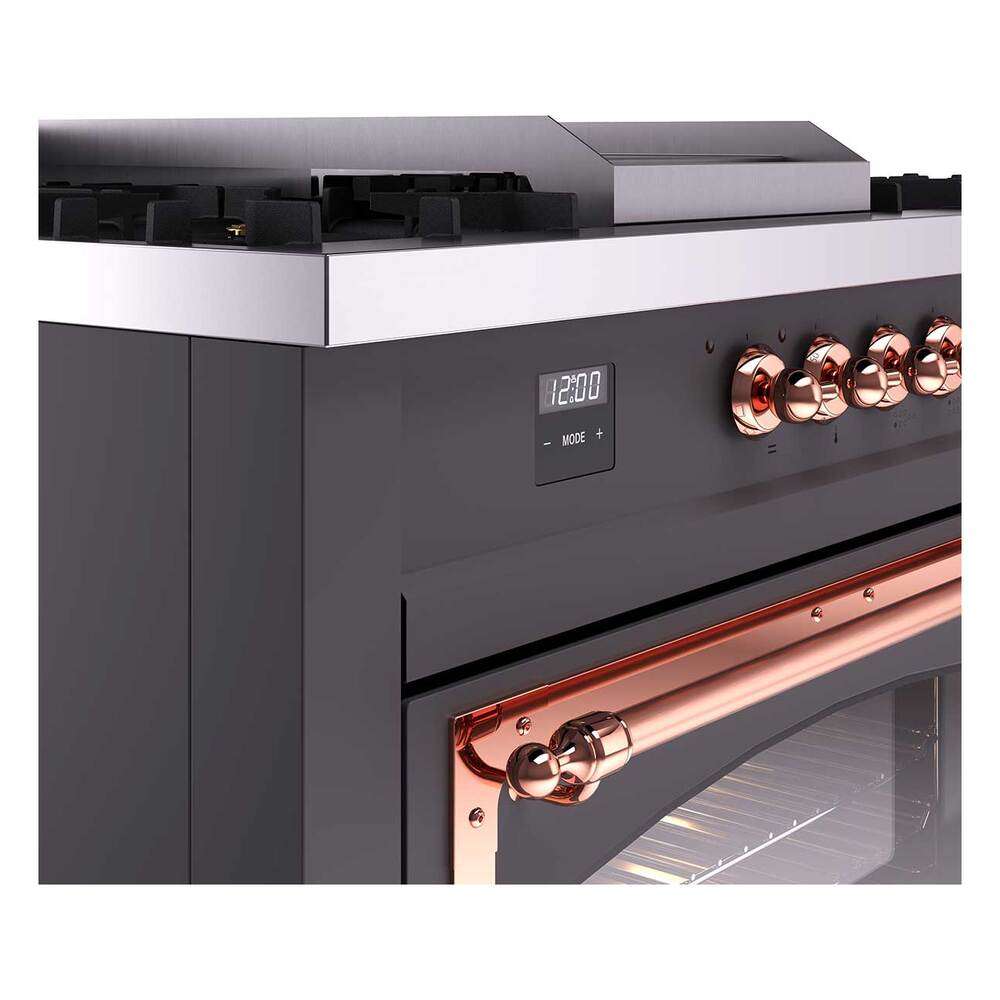 ILVE UN60FSNMPMGPLP Nostalgie II Noblesse 60 inch Dual Fuel Range (7 Sealed Burners + Griddle + French Top, Liquid Propane, Triple Glass Door, Graphite Matte, Copper)