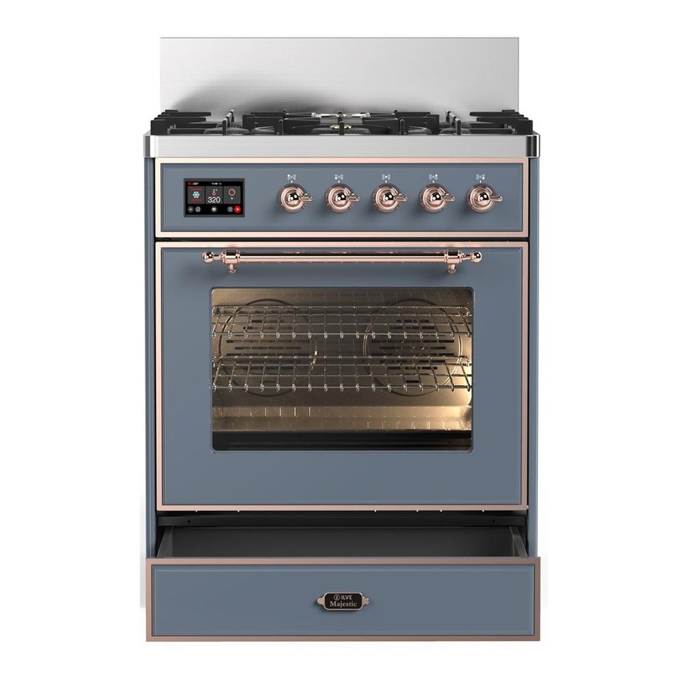 ILVE UM30NR3BGPLP Majestic III 30 inch Dual Fuel Range with 5 Black Brass Burners, Dual Function Burner up to 25,000 BTU (Liquid Propane, Triple Glass Door, Blue Grey, Copper)