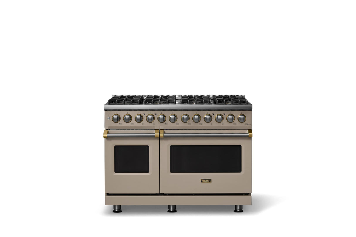 48"W. Dual Fuel Range (Burner: 8b, Finish: Nantucket, Trim: Brushed Brass, Fuel: Propane)