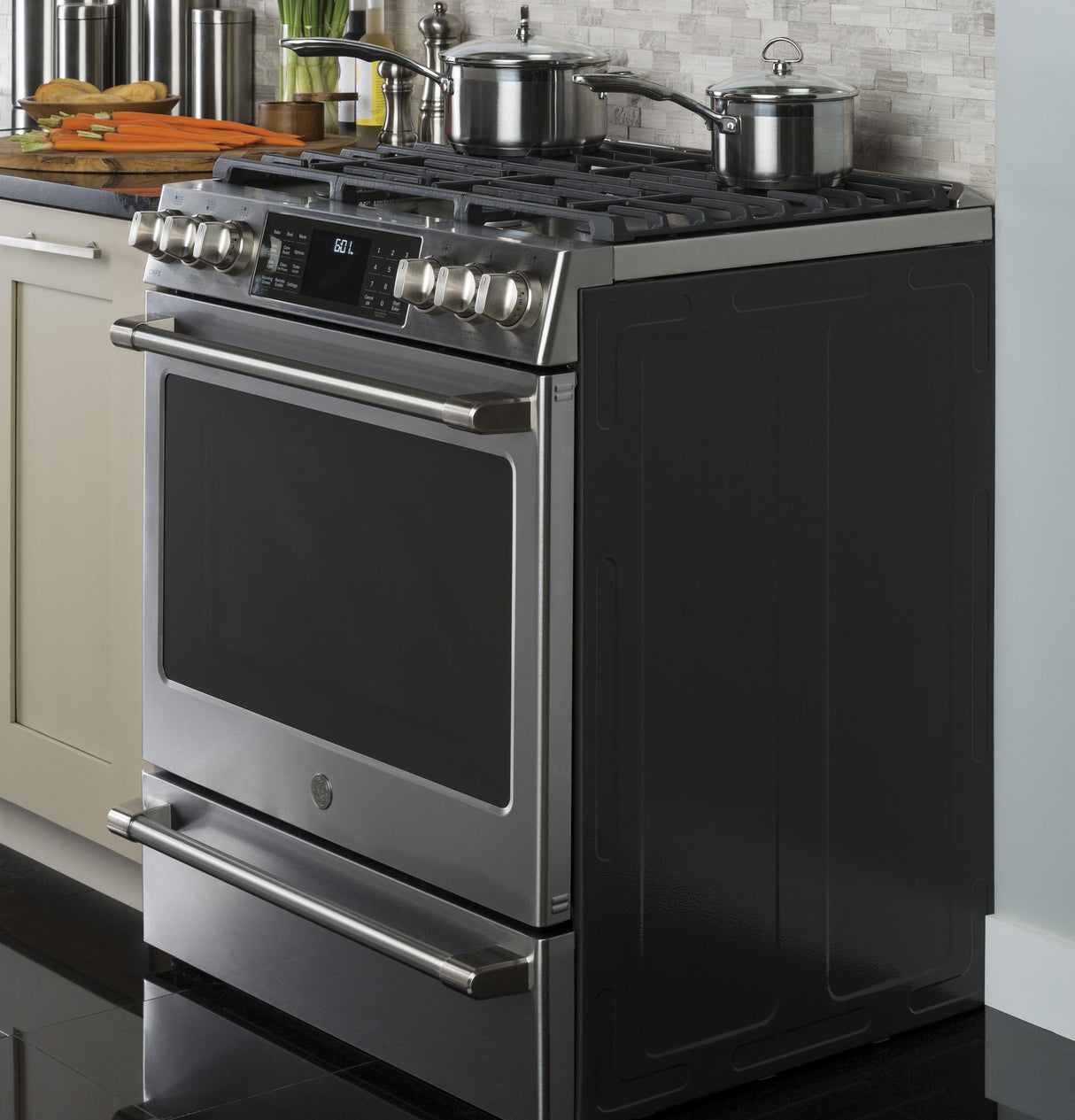 GE Cafe™ Series 30" Slide-In Front Control Dual-Fuel Range with Warming Drawer