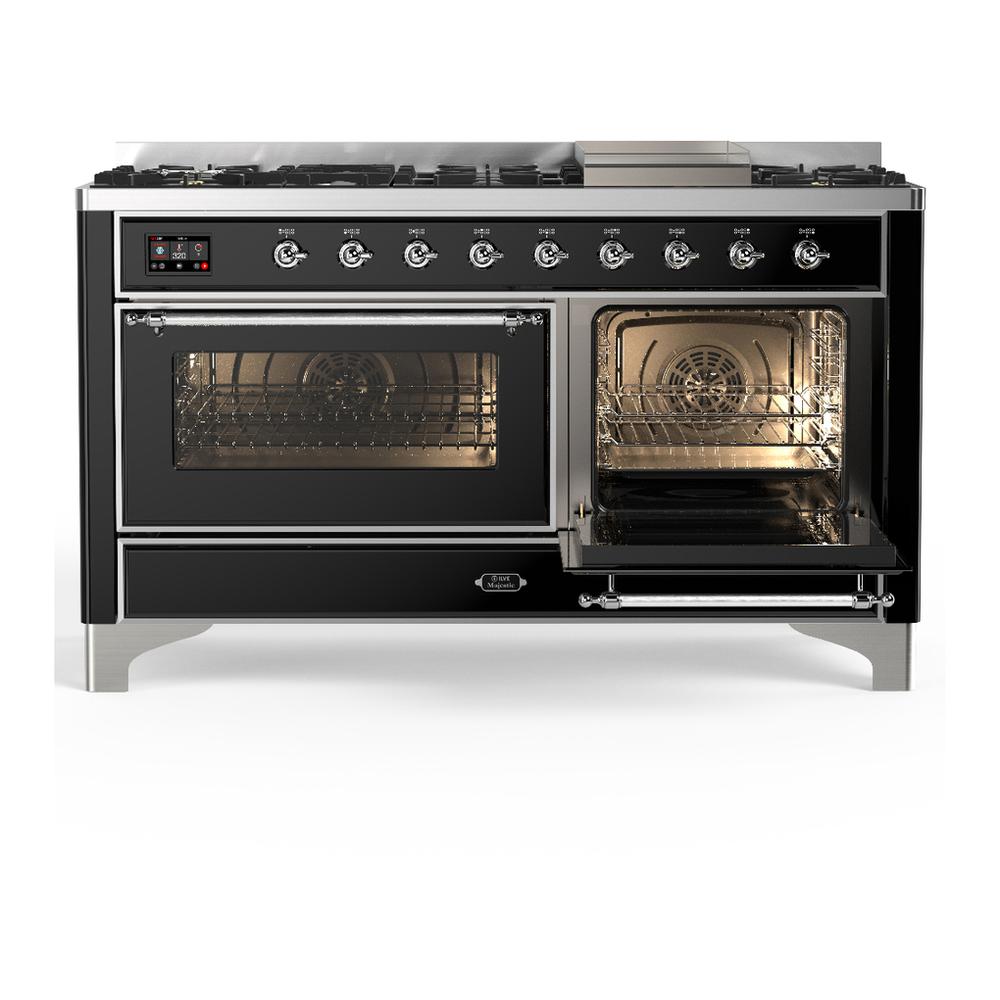 ILVE UM60FNR3BKC Majestic III 60 inch Dual Fuel Range with 9 Burners and Griddle, Dual Function Burner up to 25,000 BTU (Natural Gas, Triple Glass Door, Glossy Black, Chrome)