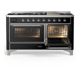 ILVE UM60FNR3BKC Majestic III 60 inch Dual Fuel Range with 9 Burners and Griddle, Dual Function Burner up to 25,000 BTU (Natural Gas, Triple Glass Door, Glossy Black, Chrome)