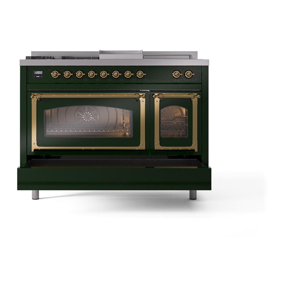ILVE UN48FSNMPEGGLP Nostalgie II Noblesse 48 inch Dual Fuel Range (5 Sealed Burners + Griddle + French Top, Liquid Propane, Triple Glass Door, Emerald Green, Brass)