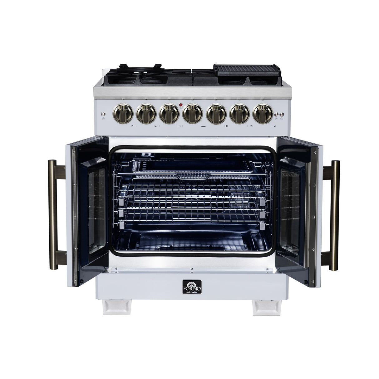 Forno Capriasca 30 Inch Freestanding French Door Dual Fuel Range in White with Antique Brass Accessories, 5 Burners, True Convection Oven