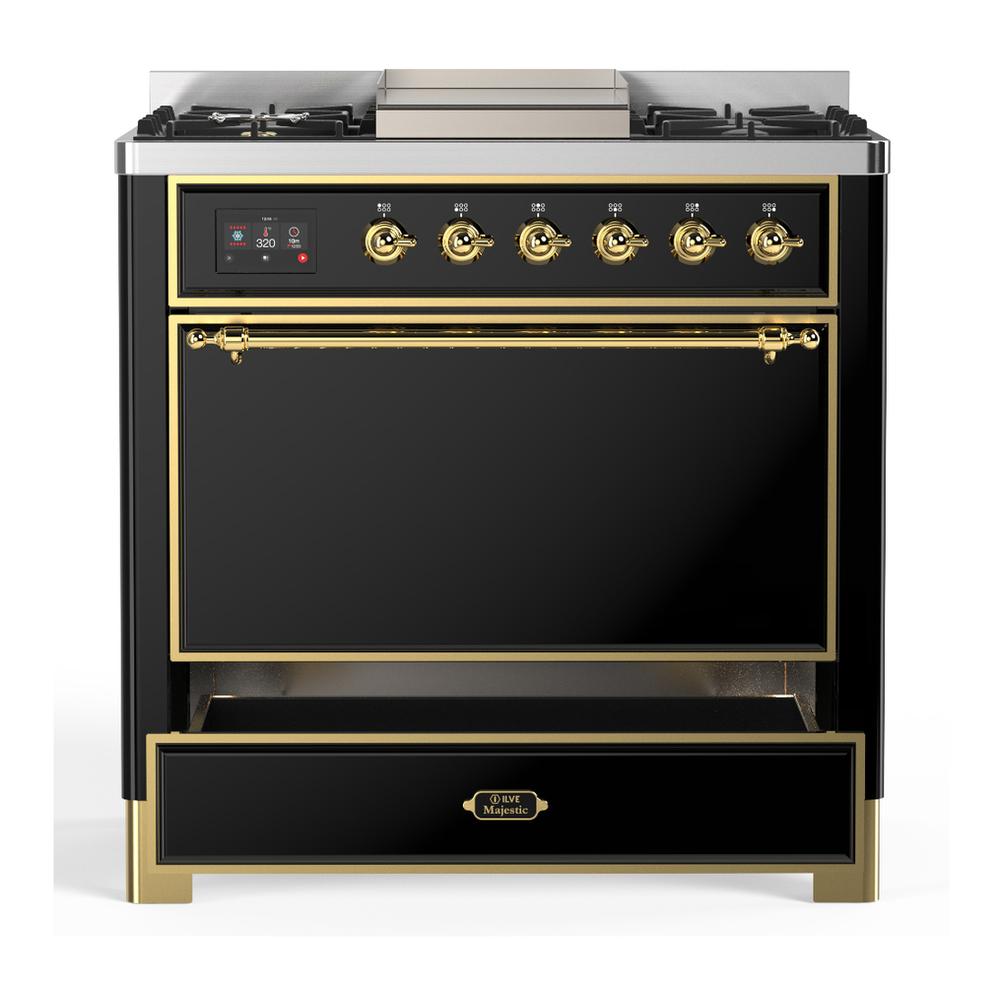 ILVE UM36FQNR3BKG Majestic III 36 inch Dual Fuel Range with 6 Black Brass Burners and Griddle, Dual Function Burner up to 25,000 BTU (Solid Door, Glossy Black, Brass, Natural Gas)