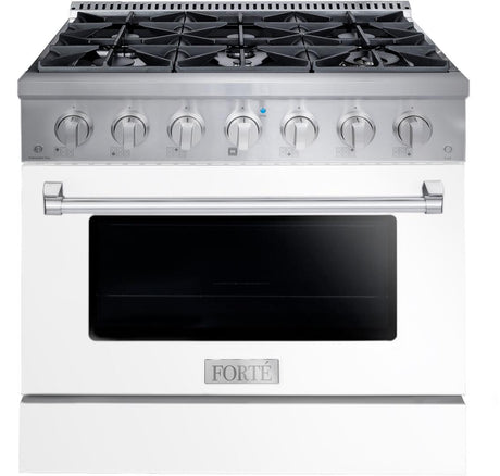 FGR366BWW44 36" All Gas Freestanding Range in White with Brass Knob Kit Set and Brass Bezel Kit Set
