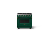 36"W. Dual Fuel Range (Burner: 6b, Finish: Ivy, Trim: Brushed Brass, Fuel: Natural Gas)