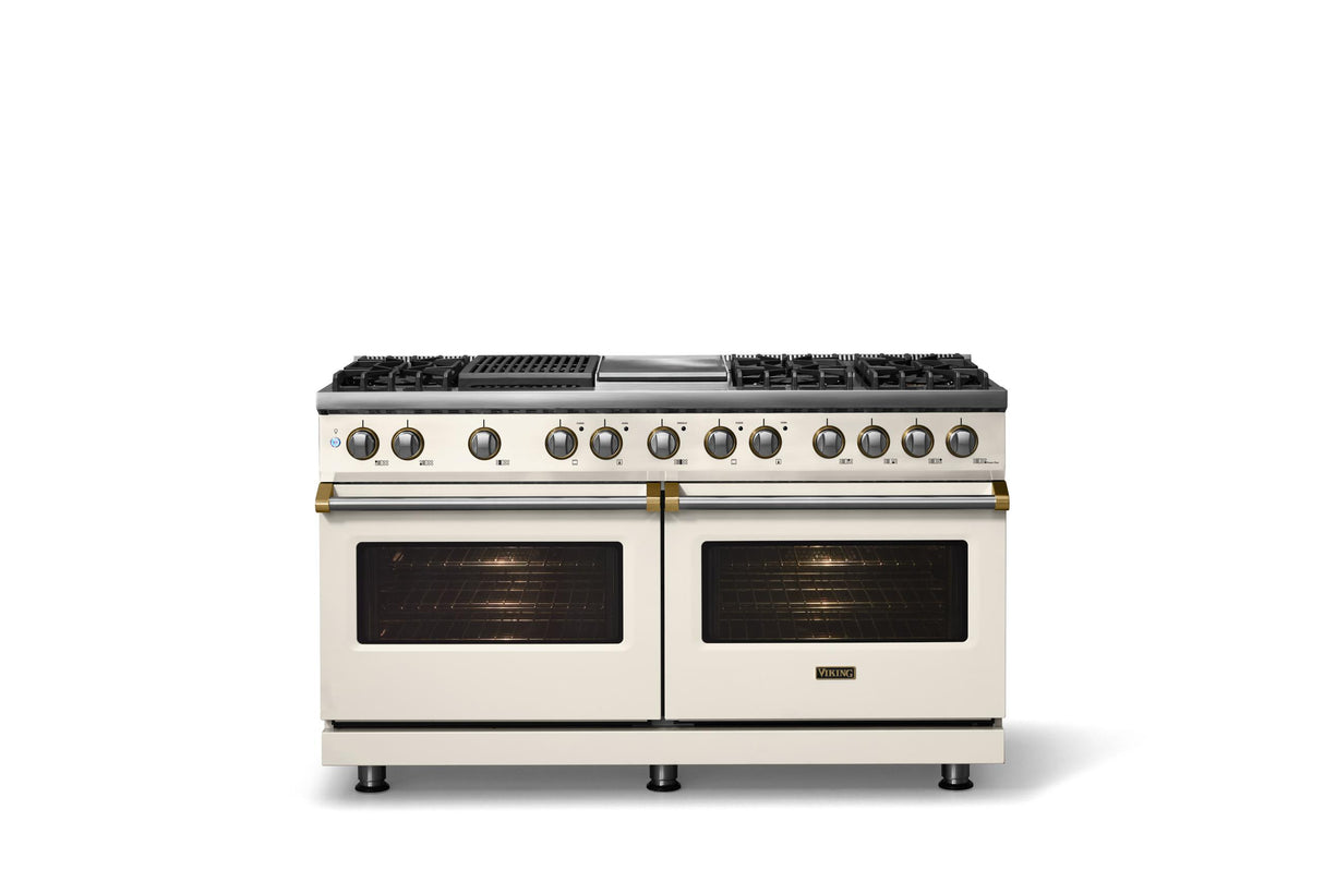 60"W.Dual Fuel Range (Finish: Pure White, Trim: Brushed Brass, Fuel: Propane)
