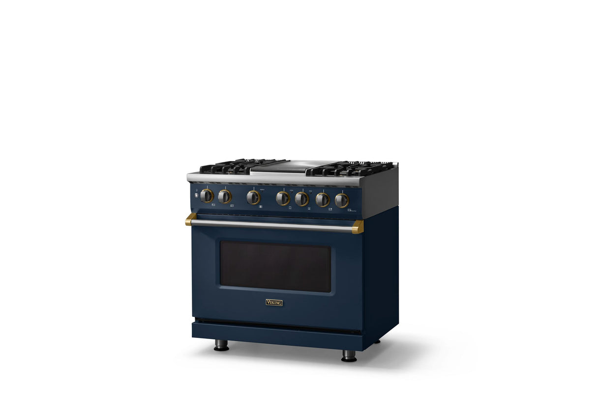 36"W. Dual Fuel Range (Burner: 4g, Finish: Slate Blue, Trim: Brushed Brass, Fuel: Propane)