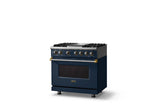 36"W. Dual Fuel Range (Burner: 4g, Finish: Slate Blue, Trim: Brushed Brass, Fuel: Propane)