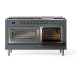ILVE UN60FNMPBGGLP Nostalgie II Noblesse 60 inch Dual Fuel Range (9 Sealed Burners + Griddle, Liquid Propane, Triple Glass Door, Blue Grey, Brass)