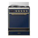 ILVE UM30QNR3MBGLP Majestic III 30 inch Dual Fuel Range with 5 Black Brass Burners, Dual Function Burner up to 25,000 BTU (Liquid Propane, Solid Door, Midnight Blue, Brass)