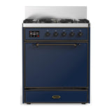 ILVE UM30QNR3MBB Majestic III 30 inch Dual Fuel Range with 5 Black Brass Burners, Dual Function Burner up to 25,000 BTU (Natural Gas, Solid Door, Midnight Blue, Burnished)