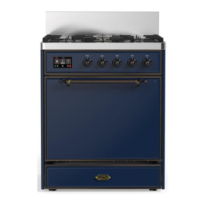 ILVE UM30QNR3MBB Majestic III 30 inch Dual Fuel Range with 5 Black Brass Burners, Dual Function Burner up to 25,000 BTU (Natural Gas, Solid Door, Midnight Blue, Burnished)