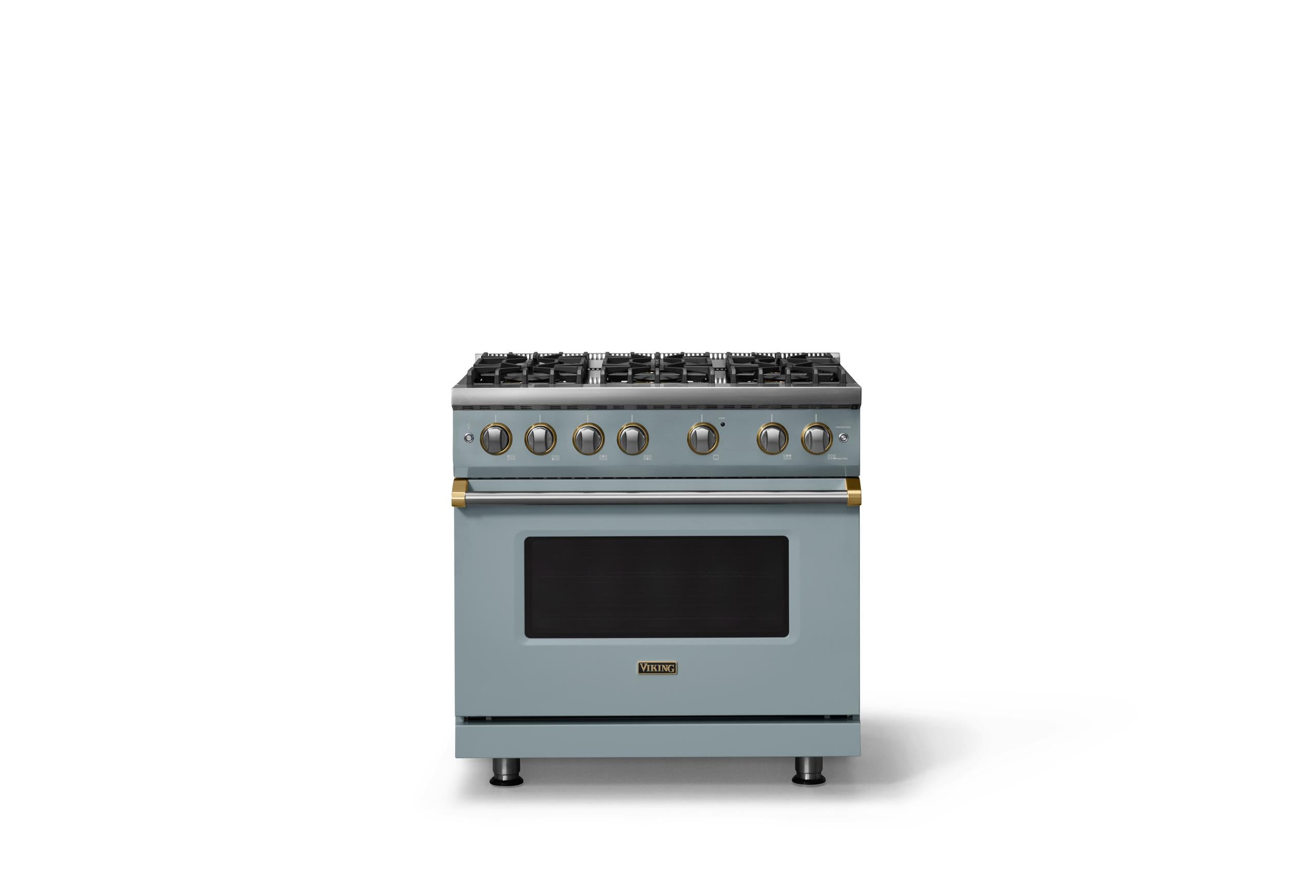 36"W. Sealed Burner Gas Range (Burner: 6b, Finish: November Sky, Trim: Brushed Brass, Fuel: Propane)