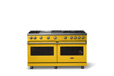 60"W. Sealed Burner Gas Range (Finish: Daffodil, Trim: Brushed Brass, Fuel: Natural Gas)