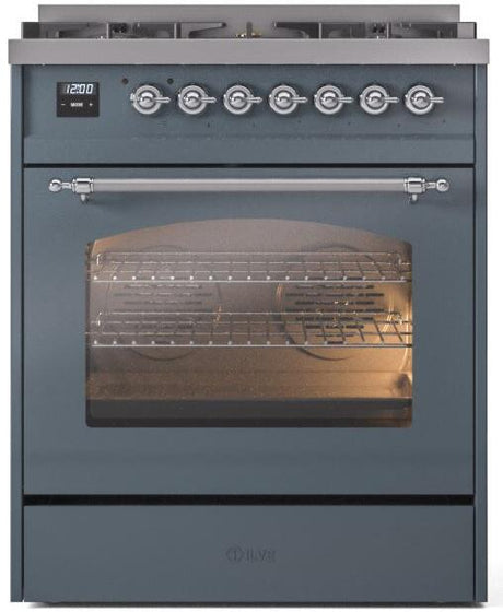 Nostalgie II 30 Inch Dual Fuel Liquid Propane Freestanding Range in Blue Grey with Chrome Trim