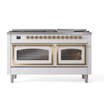 ILVE UN60FNMPWHGLP Nostalgie II Noblesse 60 inch Dual Fuel Range (9 Sealed Burners + Griddle, Liquid Propane, Triple Glass Door, White, Brass)