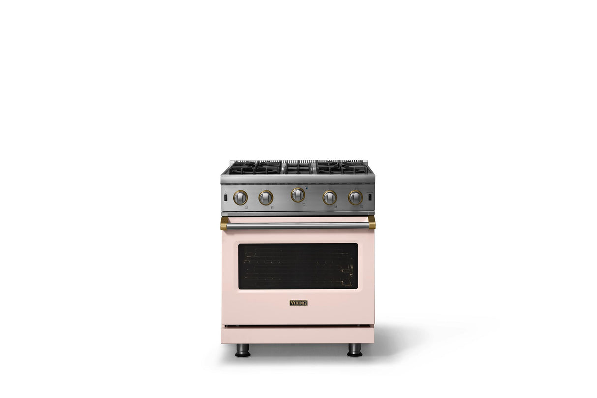 30"W. Open Burner Gas Range (Finish: Blush, Trim: Brushed Brass, Fuel: Propane)