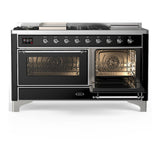 ILVE UM60FSNR3BKCLP Majestic III 60 inch Dual Fuel Range with 7 Burners, Griddle and French Top, Dual Function Burner with up to 25,000 BTU (Liquid Propane, Triple Glass Door, Glossy Black, Chrome)