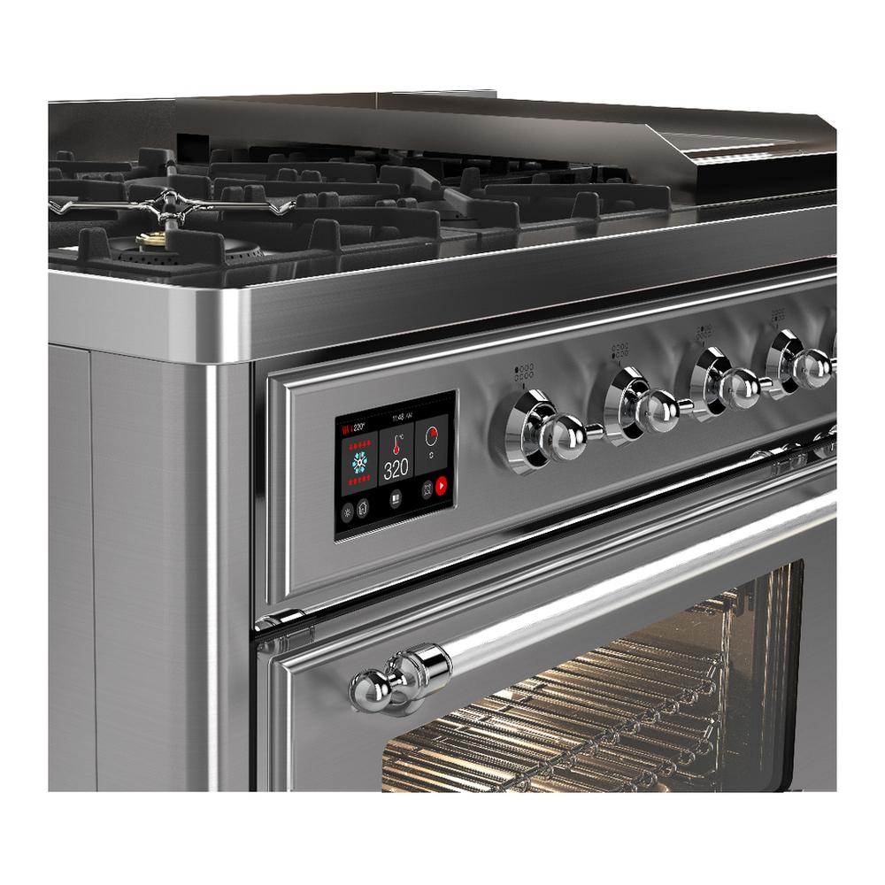 ILVE UM48FNR3SSC Majestic III 48 inch Dual Fuel Range with 8 Burners and Griddle, Dual Function Burner up to 25,000 BTU (Natural Gas, Triple Glass Door, Stainless Steel, Chrome)