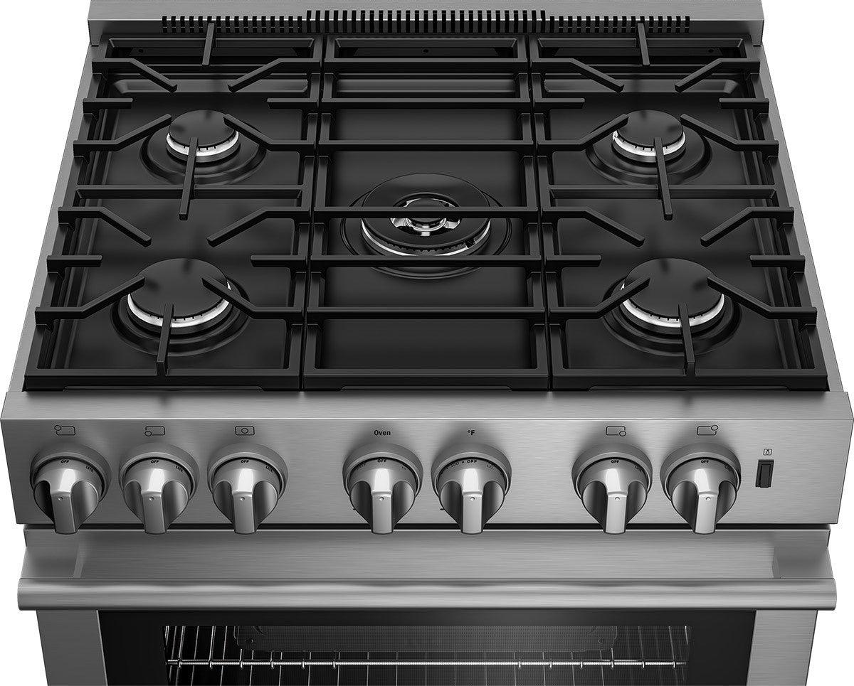 30in Dual Fuel 5 burner range with 5.7 cu ft self clean oven, slide-in style