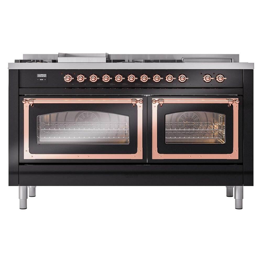 ILVE UN60FSNMPBKP Nostalgie II Noblesse 60 inch Dual Fuel Range (7 Sealed Burners + Griddle + French Top, Natural Gas, Triple Glass Door, Glossy Black, Copper)